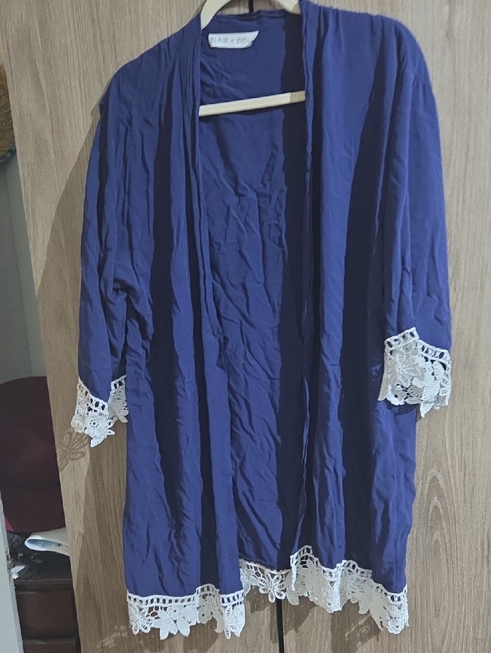 Navy Kimono with White Lace Trim